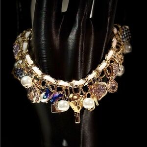 Gold Charm Bracelet with Pearls and Charms